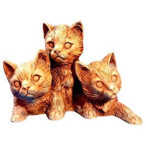 3 Kittens Cats Ooak Carved Wood Sculpture Planter  Signed 1970s Mid Century